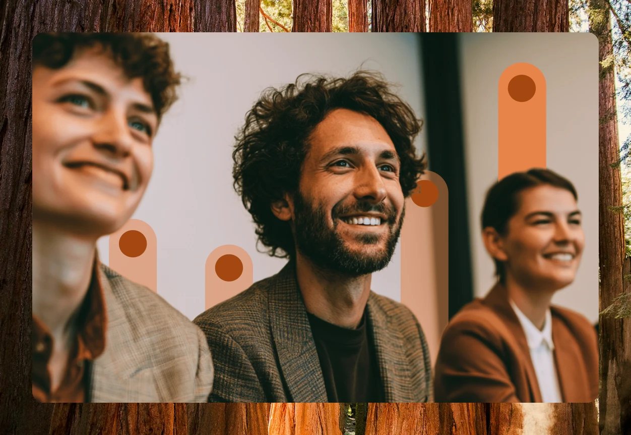 Good.Lab brand imagery — team portrait with sienna data bars over a redwood forest