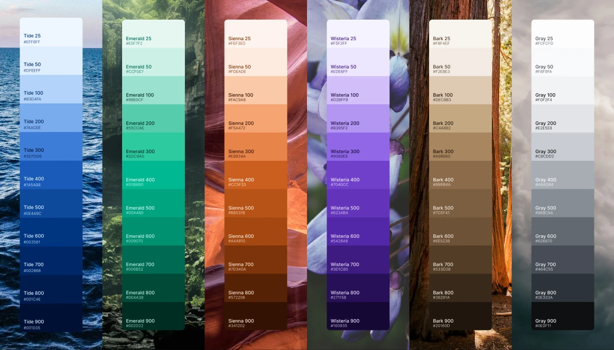 Good.Lab color system — Tide, Emerald, Sienna, Wisteria, Bark, and Night palettes over nature photography