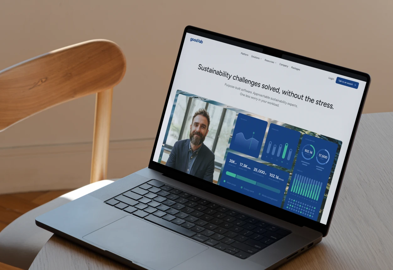 Good.Lab homepage on a laptop — Sustainability challenges solved, without the stress