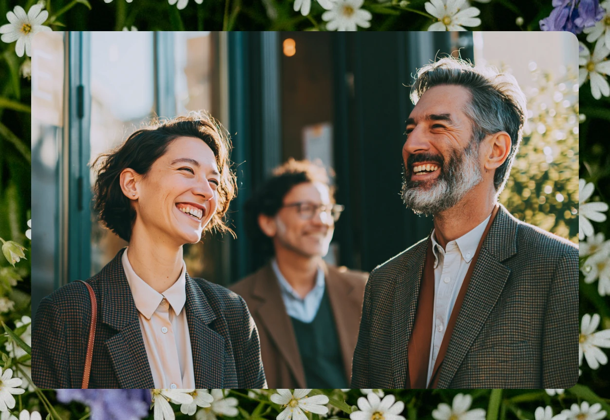 Good.Lab lifestyle photography — team laughing, framed by daisies and wildflowers