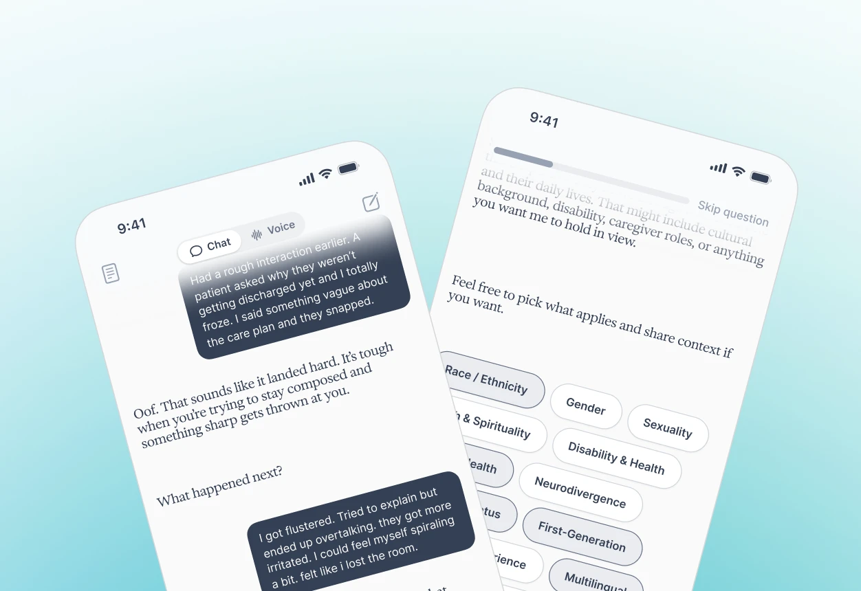 Inclusive Health mobile app — voice and chat conversation interfaces showing health coaching flow