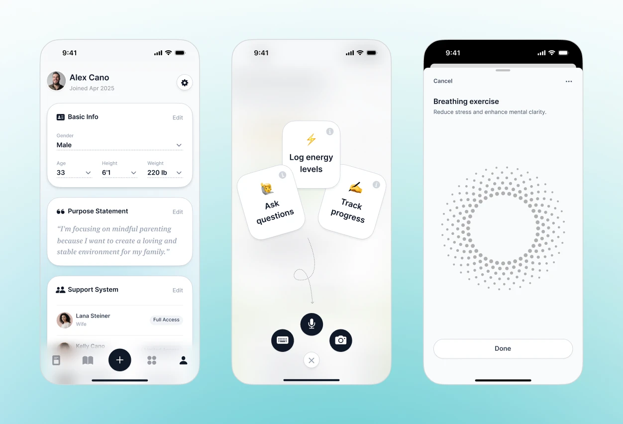 Inclusive Health mobile app screens — three views showing app interface and conversation design