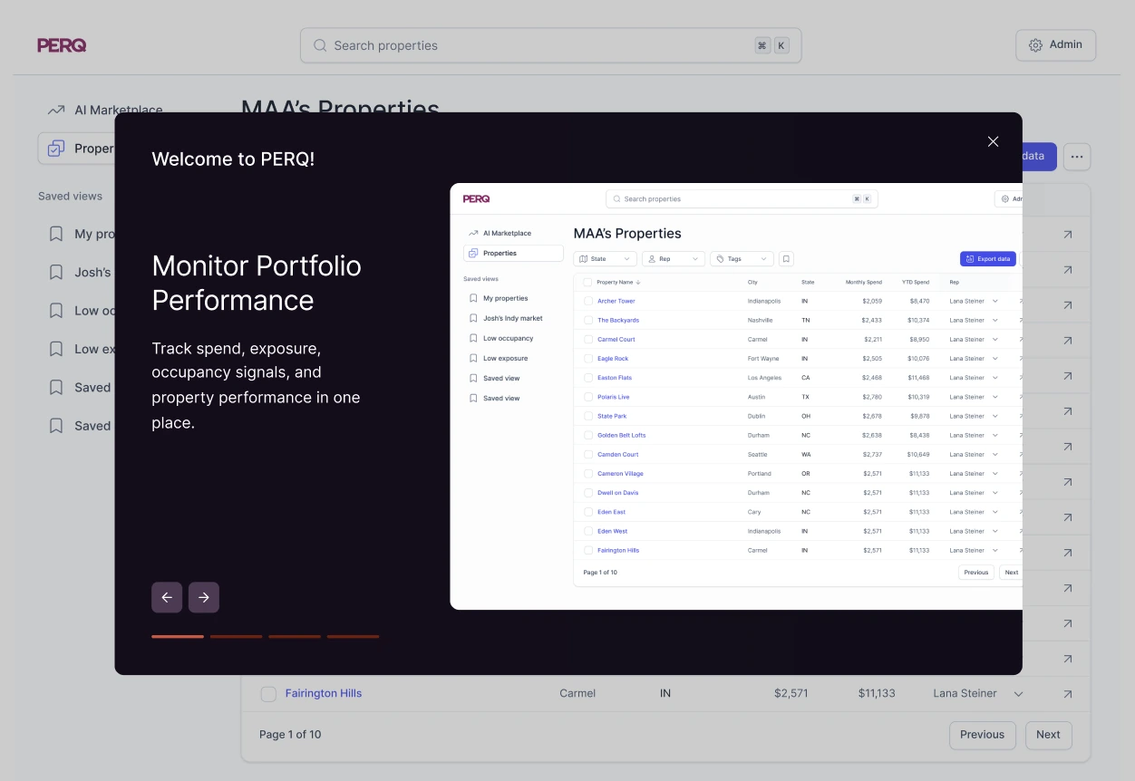PERQ all properties view — property listing dashboard