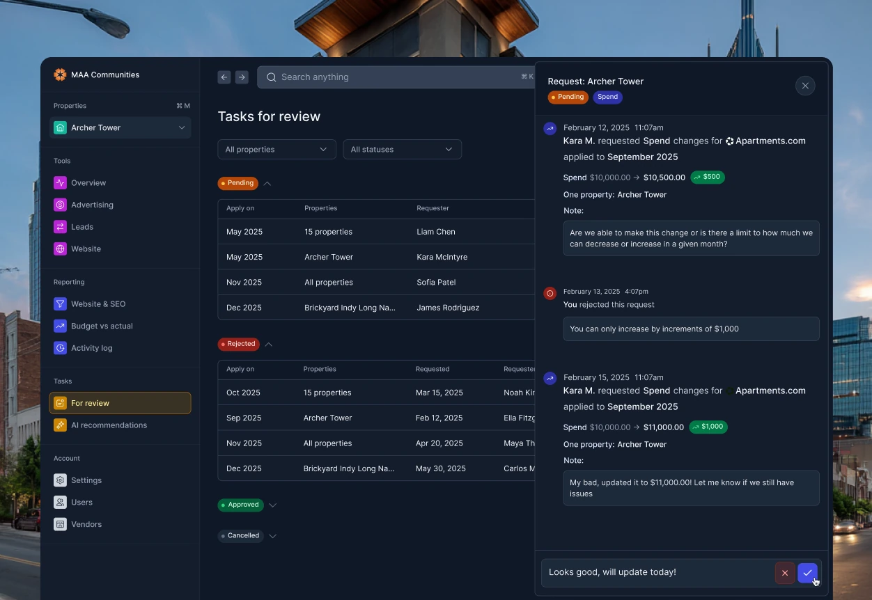 PERQ property dashboard — lead management interface with property overview