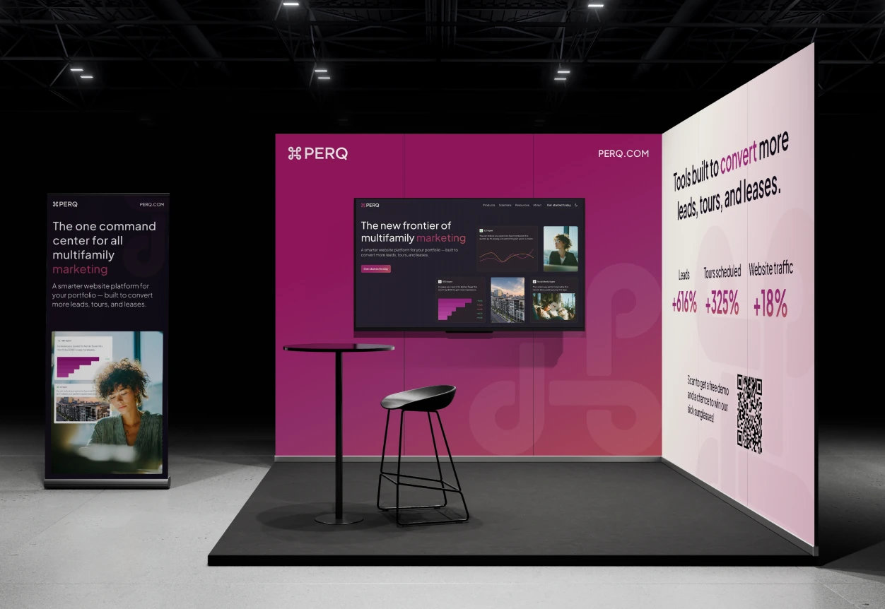 PERQ trade show booth — branded event presence with photography