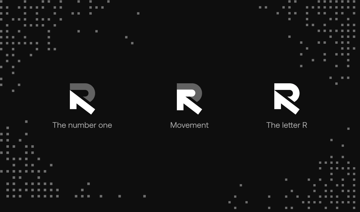 RemedyOne logo breakdown on a dark field — three R mark variants labeled The number one, Movement, and The letter R, with corner dot accents