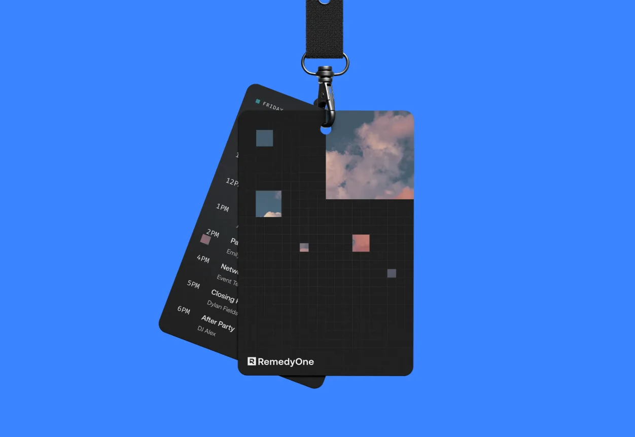 RemedyOne event badges on a black lanyard — cloud imagery windows and event schedule