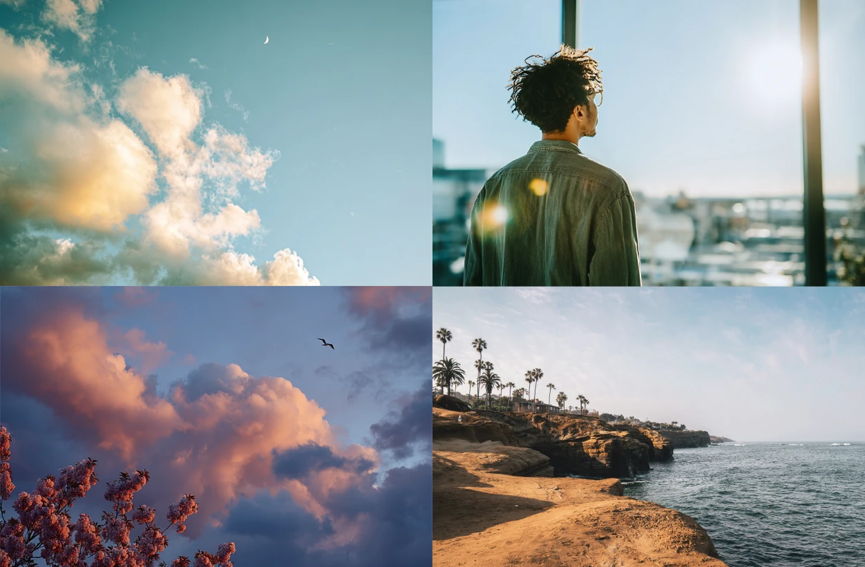 RemedyOne brand photography grid — portrait, sunset skies, cherry blossoms, and streetwear lifestyle in a four-up layout