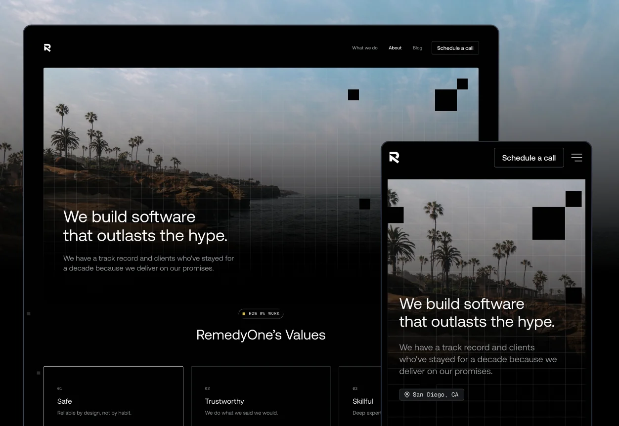 RemedyOne homepage — desktop and mobile responsive design with hero and values sections