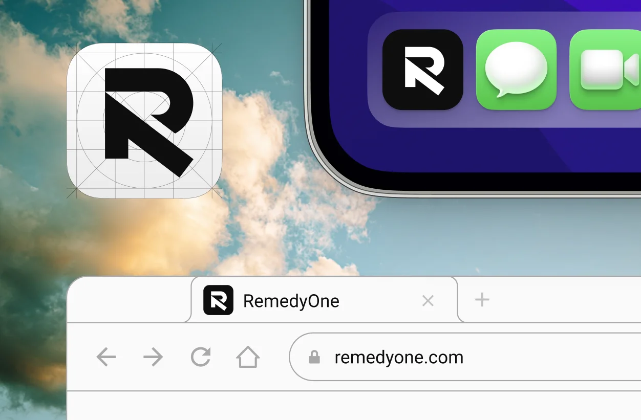 RemedyOne brand in context — logo grid, app icon on iOS home screen, and browser tab with remedyone.com