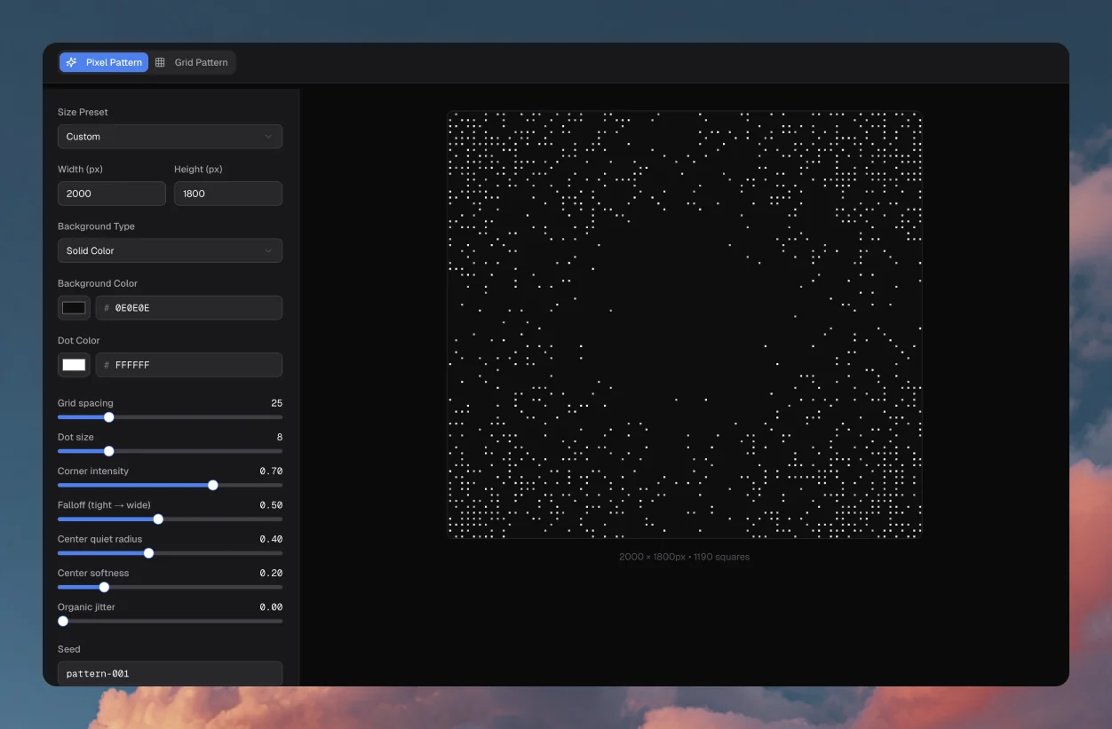 RemedyOne generative pattern tool — dark UI with slider controls and white dot grid preview with center void