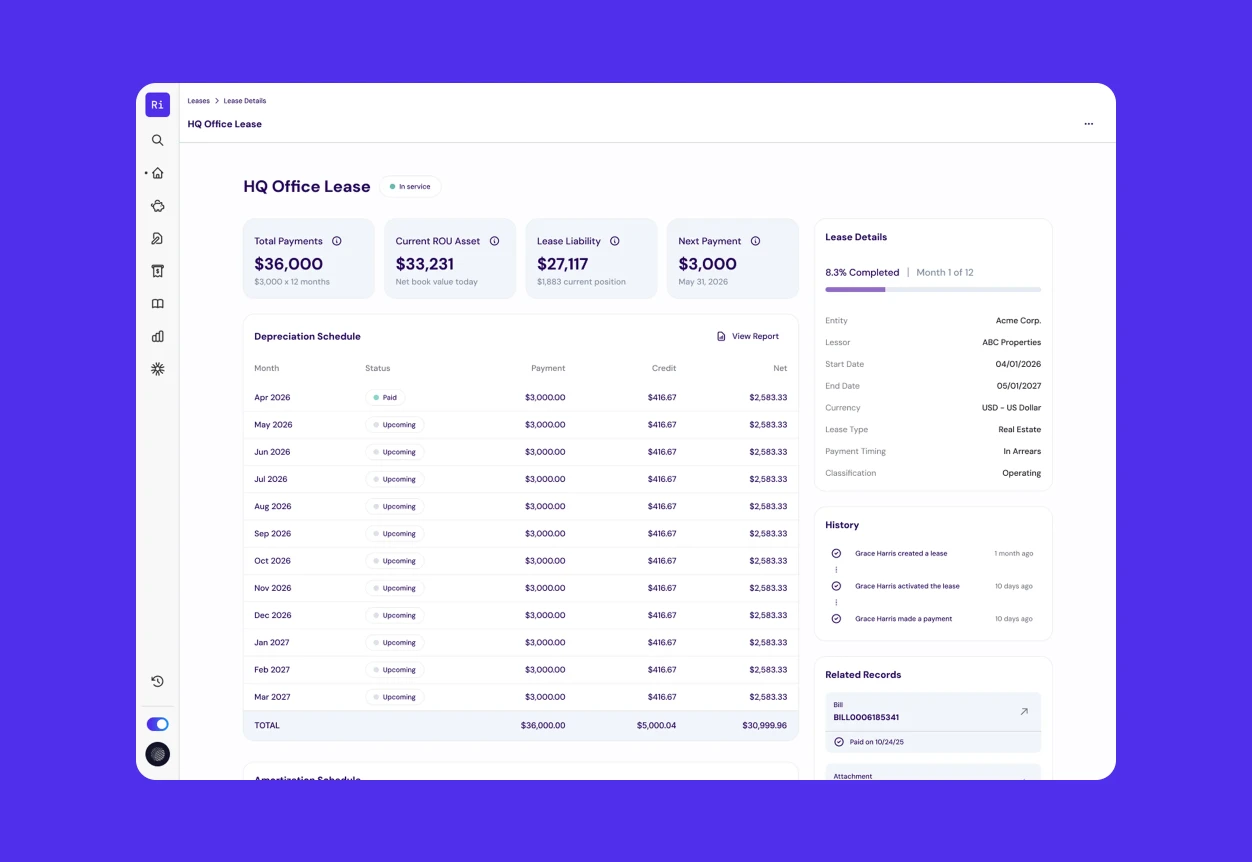 Rillet Lease Detail — lease terms, schedule, and Aura AI document workflow