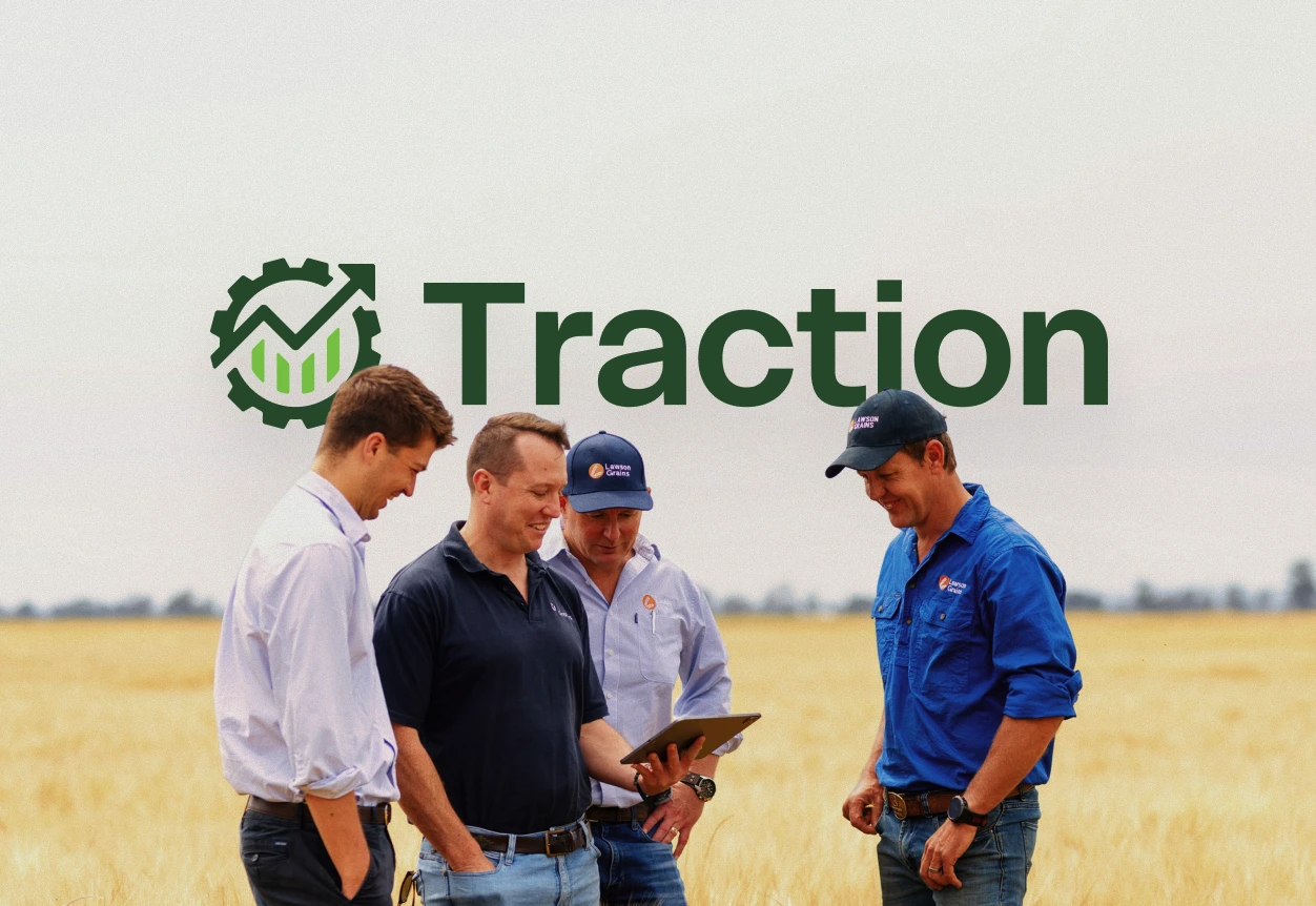 Traction brand photography — people in agricultural setting with logo overlay