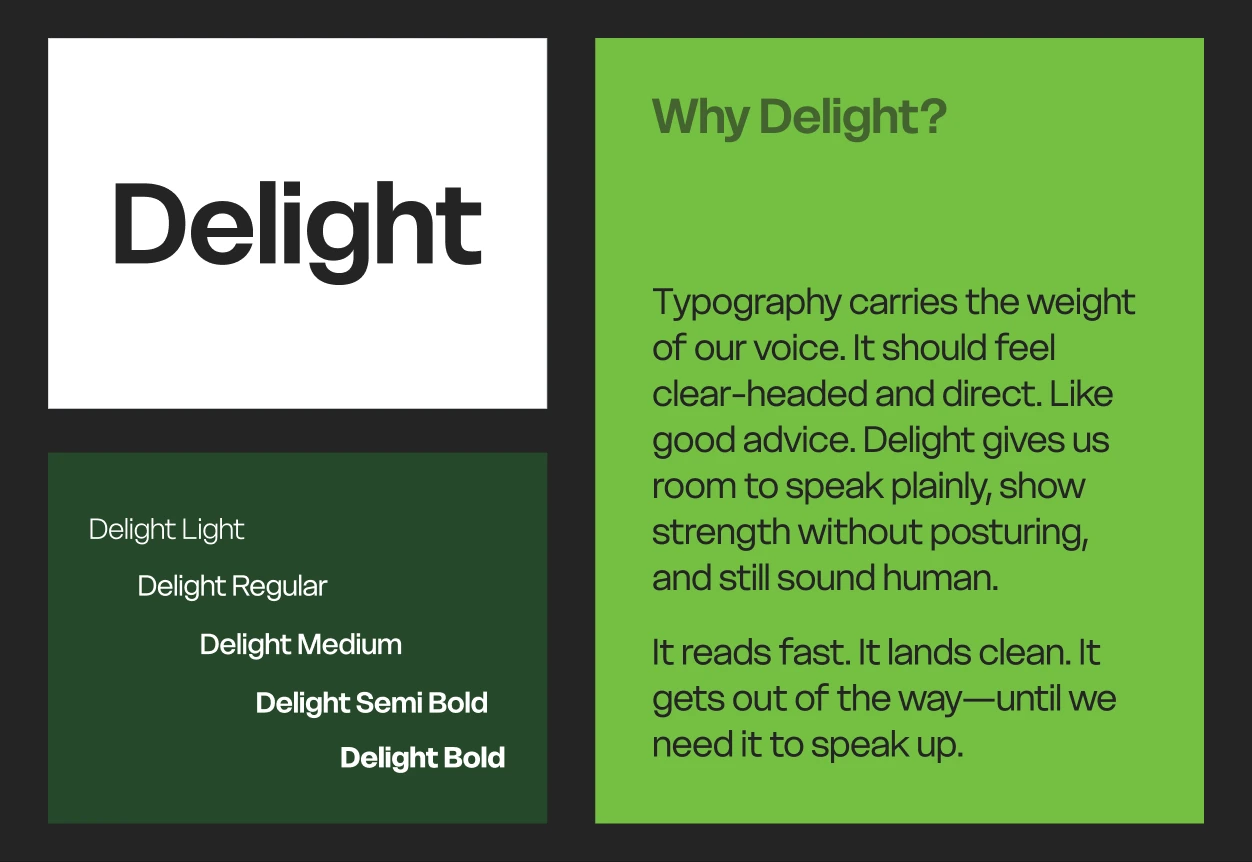 Traction brand typography — Delight typeface with weight variants and rationale