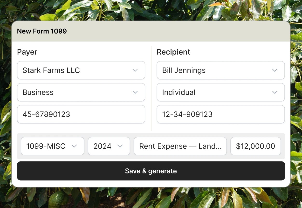 Traction Tax1099 form interface — payer and recipient fields on illustrated background